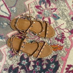Nicole Miller. Strappy sandals, around ankle strap. Size 10. Tan with jewels.
